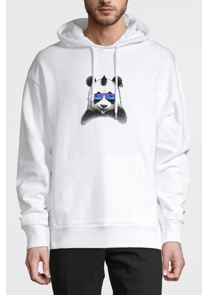 Thor Hummers Neatoshop Dj Punk Panda Baskılı Beyaz Erkek Örme Kapşonlu Sweatshirt Uzun Kol