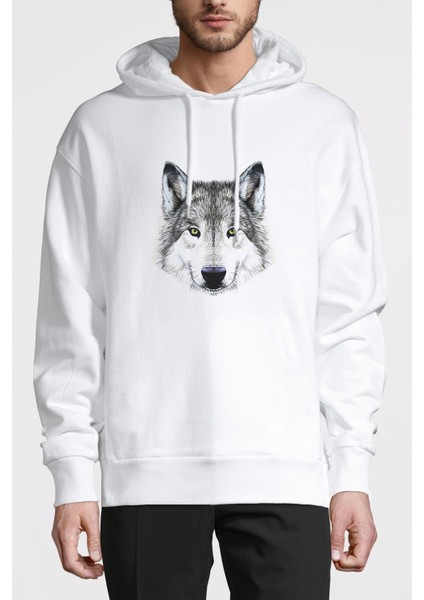 Sevimli Kurt Baskılı Beyaz Erkek Örme Kapşonlu Sweatshirt Uzun Kol