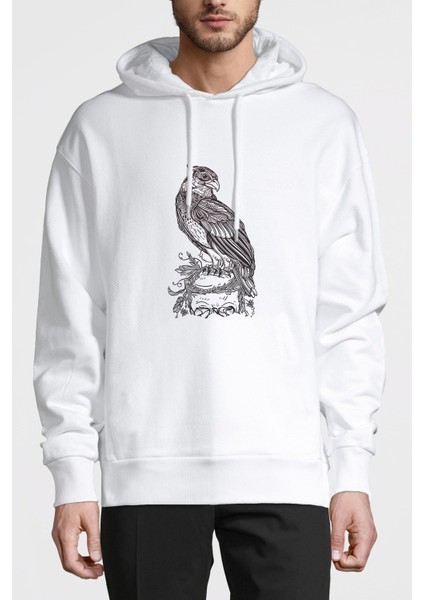Kafatası Resimde Tıraşlama Gri Kuş Yırtıcı Baskılı Beyaz Erkek Örme Kapşonlu Sweatshirt Uzun Kol