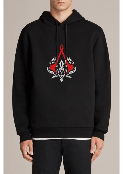 Assassin's Creed Baskılı Siyah Erkek Örme Kapşonlu Sweatshirt Uzun Kol