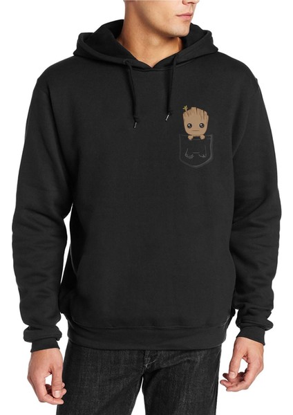Groot Baby Cep Baskılı Siyah Erkek Örme Kapşonlu Sweatshirt Uzun Kol