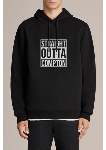 Straight Outta Compton Baskılı Siyah Erkek Örme Kapşonlu Sweatshirt Uzun Kol