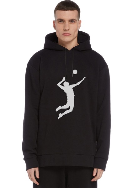 Silhouette Volleyball Baskılı Siyah Erkek Örme Kapşonlu Sweatshirt Uzun Kol