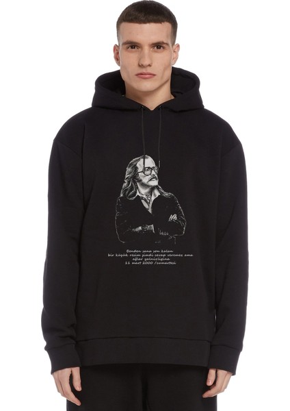 Cem Karaca Anadolu Rock Müzik Music Baskılı Siyah Erkek Örme Kapşonlu Sweatshirt Uzun Kol