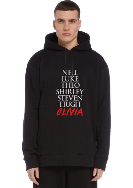 The Haunting Of Hill House Characters Name Baskılı Siyah Erkek Örme Kapşonlu Sweatshirt Uzun Kol