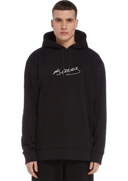 Mustafa Kemal Atatürk Imza Baskılı Siyah Erkek Örme Kapşonlu Sweatshirt Uzun Kol
