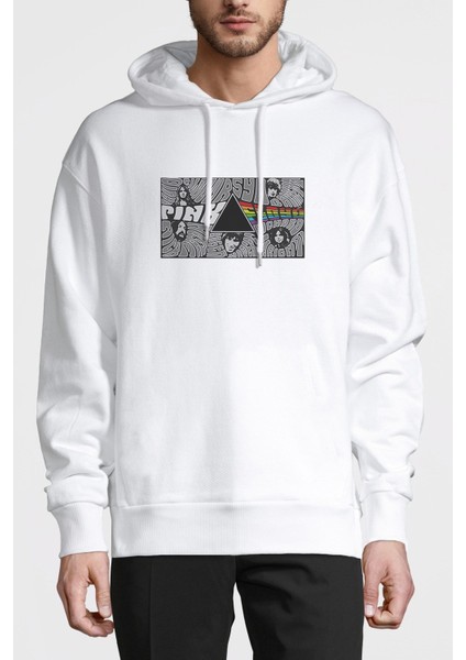 Pink Floyd The Pink Side Baskılı Beyaz Erkek Örme Kapşonlu Sweatshirt Uzun Kol