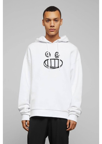Smile Icon Baskılı Beyaz Erkek Örme Kapşonlu Sweatshirt Uzun Kol