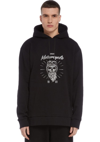 Urban Motorcycle Motorsiklet Baskılı Siyah Erkek Örme Kapşonlu Sweatshirt Uzun Kol