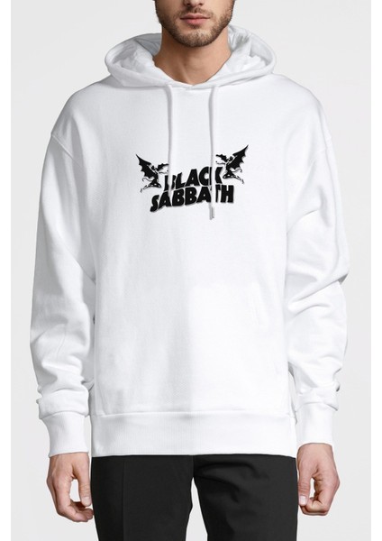 Black Sabbath Logo Baskılı Beyaz Erkek Örme Kapşonlu Sweatshirt Uzun Kol
