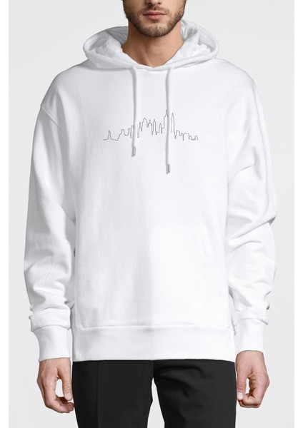 Silhouette New York City Skyline Baskılı Beyaz Erkek Örme Kapşonlu Sweatshirt Uzun Kol