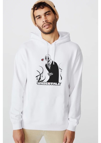 Undertale Skull Sans Os Baskılı Beyaz Erkek Örme Kapşonlu Sweatshirt Uzun Kol