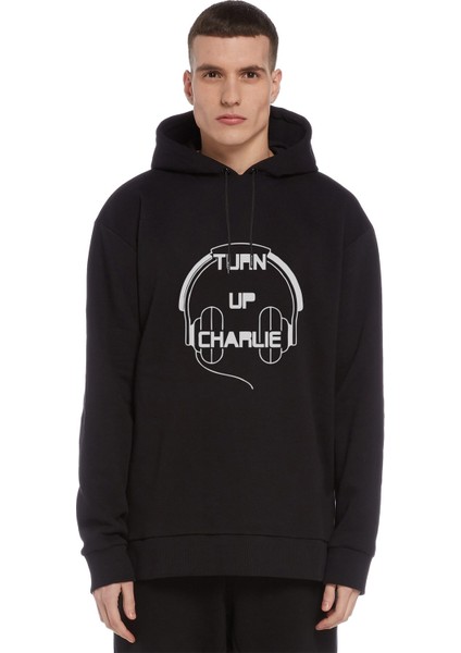 Turn Up Charlie Classic Logo Baskılı Siyah Erkek Örme Kapşonlu Sweatshirt Uzun Kol