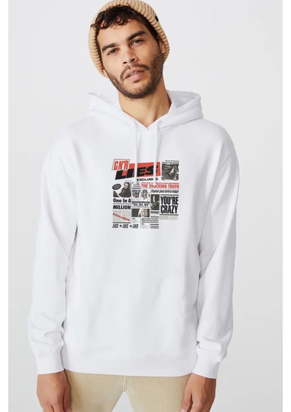 Lıes Baskılı Beyaz Erkek Örme Kapşonlu Sweatshirt Uzun Kol