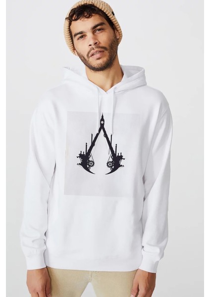 Assassins Cread Baskılı Beyaz Erkek Örme Kapşonlu Sweatshirt Uzun Kol