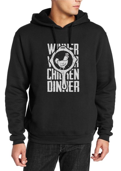 Pubg Pubg Winner Tava Tavuk Baskılı Siyah Erkek Örme Kapşonlu Sweatshirt Uzun Kol