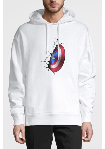 Captain America Shield Wall Baskılı Beyaz Erkek Örme Kapşonlu Sweatshirt Uzun Kol