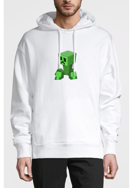Minecraft Creepers Gonna Creep Siyah Çocuk Baskılı Beyaz Erkek Örme Kapşonlu Sweatshirt Uzun Kol