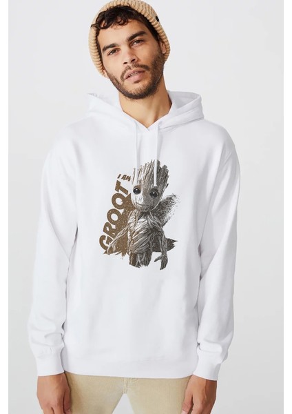 I Am Groot Brush Baskılı Beyaz Erkek Örme Kapşonlu Sweatshirt Uzun Kol