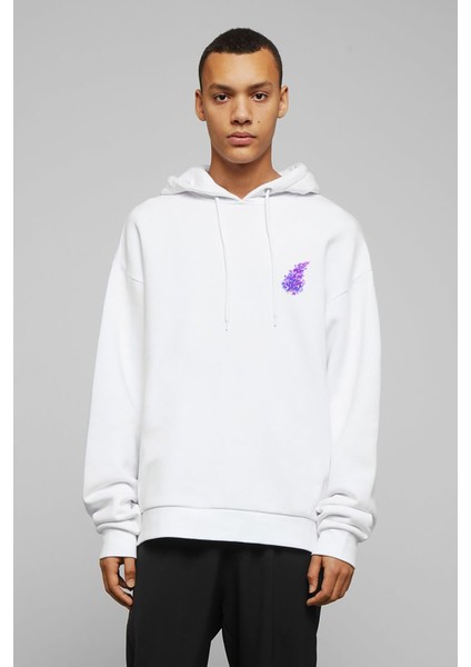 Mor Çiçekler Illüstrasyon Leylak Suluboya Resim Baskılı Beyaz Erkek Örme Kapşonlu Sweatshirt Uzun Ko