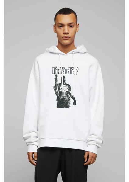 The Punisher Frank Castle Jon Bernthal Baskılı Beyaz Erkek Örme Kapşonlu Sweatshirt Uzun Kol
