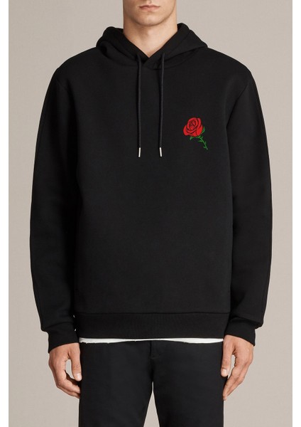 Silhouette Red Rose Kırımızı Gül Baskılı Siyah Erkek Örme Kapşonlu Sweatshirt Uzun Kol