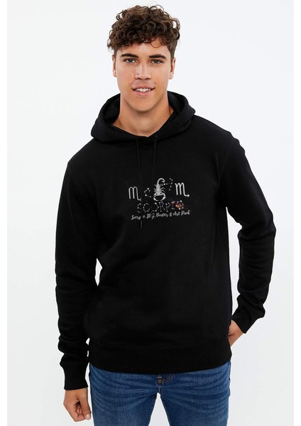 Burç Scorpio King Baskılı Siyah Erkek Örme Kapşonlu Sweatshirt Uzun Kol