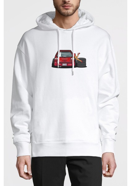 Subaru Forester Baskılı Beyaz Erkek Örme Kapşonlu Sweatshirt Uzun Kol