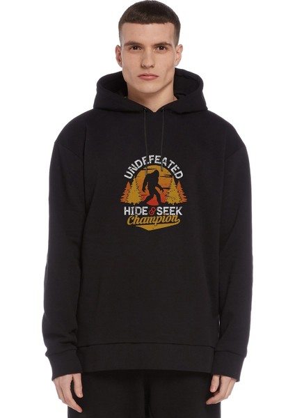 Silhouette Undefeated Hide And Seek World Baskılı Siyah Erkek Örme Kapşonlu Sweatshirt Uzun Kol