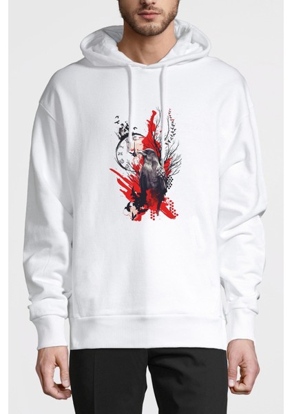 Owl Rose Trash Polka Saat Kuşlar Baskılı Beyaz Erkek Örme Kapşonlu Sweatshirt Uzun Kol