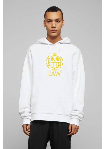 One Piece Law Logo Baskılı Beyaz Erkek Örme Kapşonlu Sweatshirt Uzun Kol