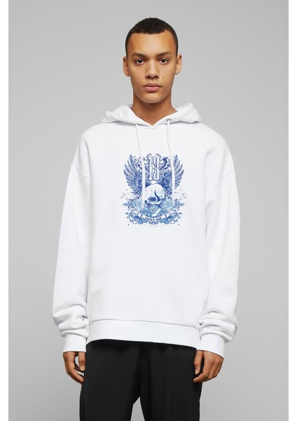 Beyaz ve Mavi Kafatası Baskılı Beyaz Erkek Örme Kapşonlu Sweatshirt Uzun Kol