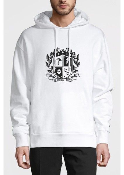 The Umbrella Academy Ut Malum Pluvia Baskılı Beyaz Erkek Örme Kapşonlu Sweatshirt Uzun Kol