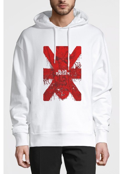 Iron Maiden x Metal Rock Muzik Baskılı Beyaz Erkek Örme Kapşonlu Sweatshirt Uzun Kol