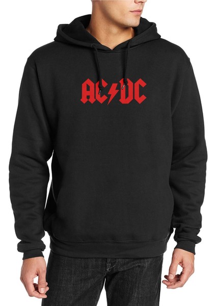 Acdc Logo Kırmızı Baskılı Siyah Erkek Örme Kapşonlu Sweatshirt Uzun Kol