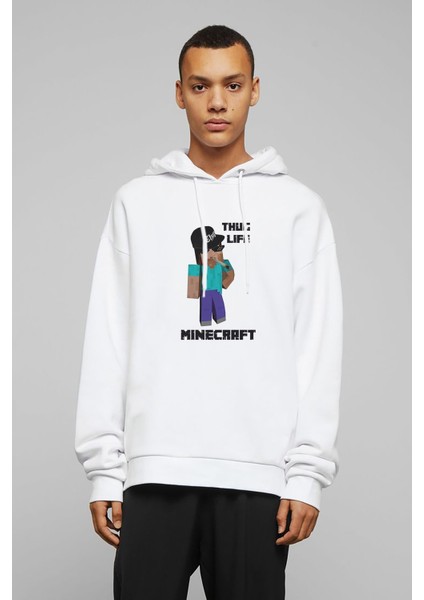 Mine Craft Thug Life Baskılı Beyaz Erkek Örme Kapşonlu Sweatshirt Uzun Kol