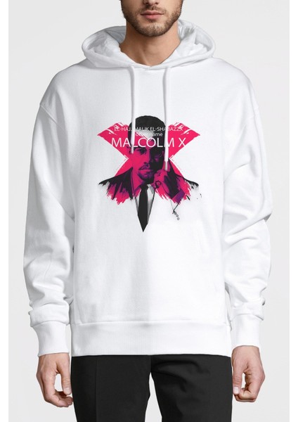 Malcolm x El Shabazz Baskılı Beyaz Erkek Örme Kapşonlu Sweatshirt Uzun Kol