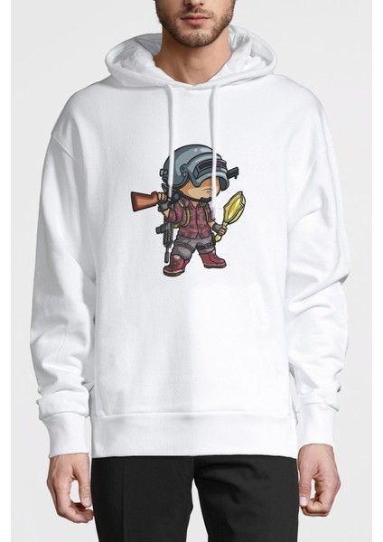 Pubg Animasyon Baskılı Beyaz Erkek Örme Kapşonlu Sweatshirt Uzun Kol