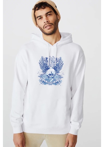 Beyaz ve Mavi Kafatası Baskılı Beyaz Erkek Örme Kapşonlu Sweatshirt Uzun Kol
