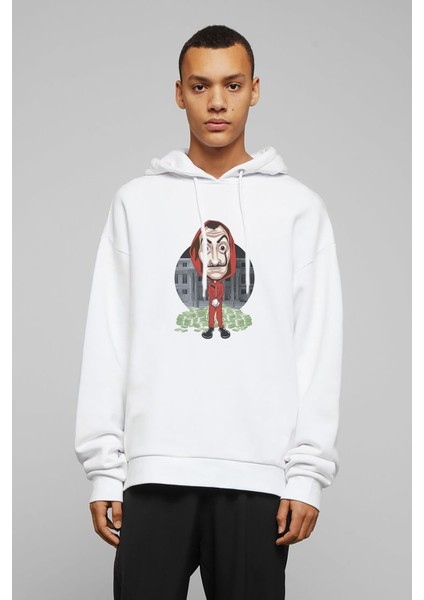La Casa De Papel Baskılı Beyaz Erkek Örme Kapşonlu Sweatshirt Uzun Kol
