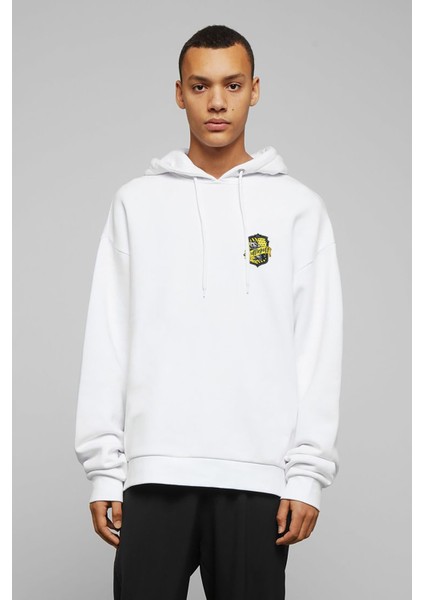 Hufflepuff H P Baskılı Beyaz Erkek Örme Kapşonlu Sweatshirt Uzun Kol