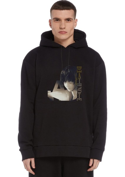 Deaath Note Baskılı Siyah Erkek Örme Kapşonlu Sweatshirt Uzun Kol