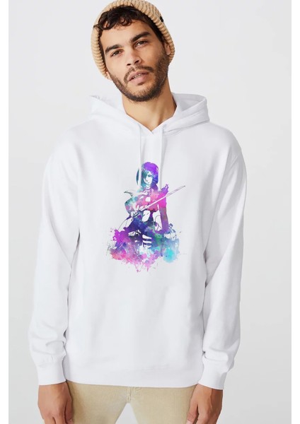 Anime Attack On Titan Baskılı Beyaz Erkek Örme Kapşonlu Sweatshirt Uzun Kol