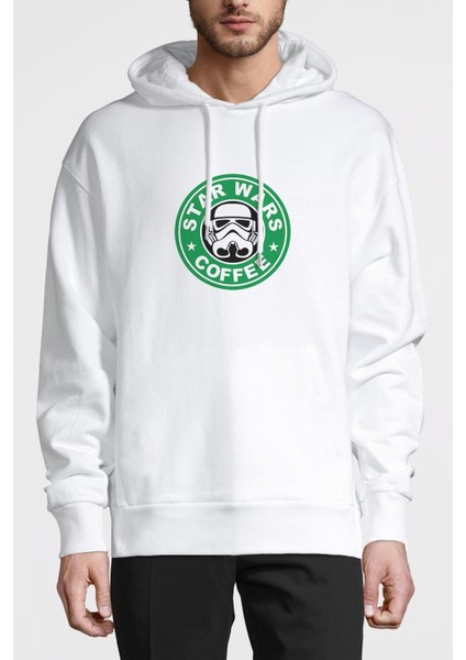 Star Wars Coffee Baskılı Beyaz Erkek Örme Kapşonlu Sweatshirt Uzun Kol