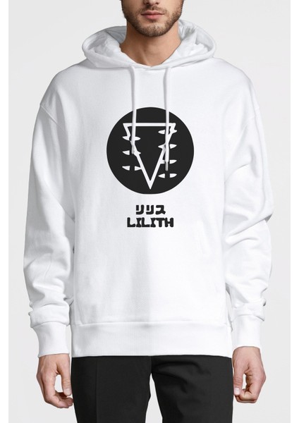 Evangelion Lılıth Baskılı Beyaz Erkek Örme Kapşonlu Sweatshirt Uzun Kol