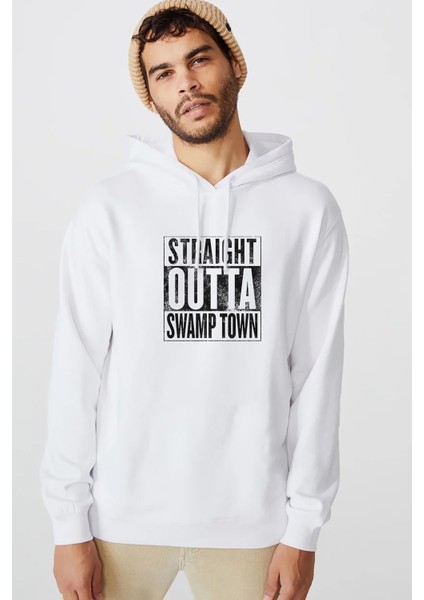 Pubg Straıght Outta Swamp Town Baskılı Beyaz Erkek Örme Kapşonlu Sweatshirt Uzun Kol