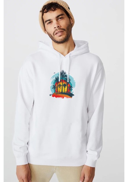 Palmiye Ağaçları Malibu Soyut Alacakaranlıkta Ada Baskılı Beyaz Erkek Örme Kapşonlu Sweatshirt Uzun