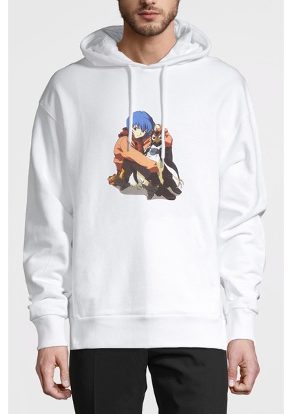 Anime Neon Genesis Evangelion Baskılı Beyaz Erkek Örme Kapşonlu Sweatshirt Uzun Kol