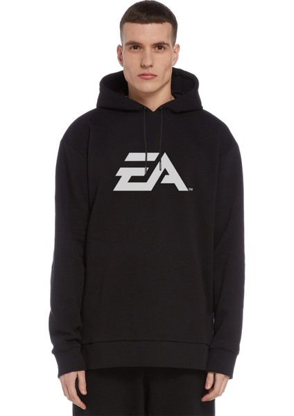 Ea Logo Baskılı Siyah Erkek Örme Kapşonlu Sweatshirt Uzun Kol