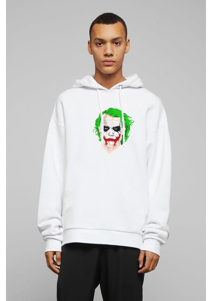 Joker Color Face Baskılı Beyaz Erkek Örme Kapşonlu Sweatshirt Uzun Kol